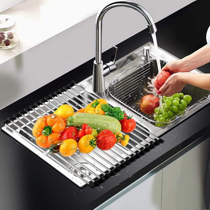 DONDA Stainless Steel Sink Folding Vegetable Fruit and Dish Drying Drain Rack, Stainless Steel Roll-Up Over Sink Rack Kitchen Foldable Drying Drainer (Multicolor) (Large) - Image 1