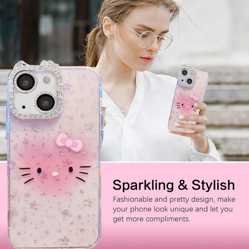 Mobistyle Designed for iPhone 14,Cute Sparkling Cat Pattern Camera Protection Back Cover Case for Women Girls | iPhone 14,Pink | - Image 2