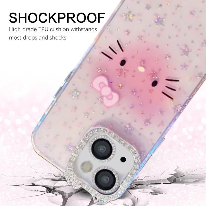 Mobistyle Designed for iPhone 14,Cute Sparkling Cat Pattern Camera Protection Back Cover Case for Women Girls | iPhone 14,Pink | - Image 4