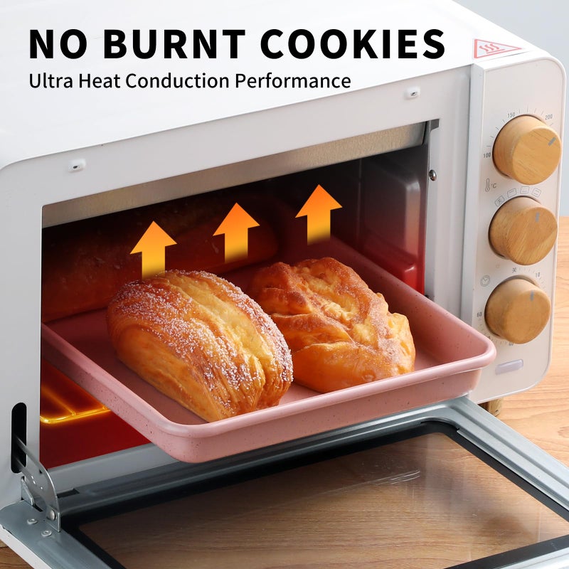 Shinsin Toaster Oven Pans Set of 2, Shinsin 11-Inch Nonstick Baking Sheet Pans and Trays, 1/8 Thicker Replacement Small Baking Tray Accessories for Cookie, Non Toxic and Easy Clean and Diswasher Safe, Pink - Image 2