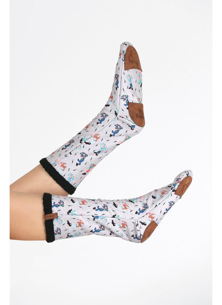 Hamur Dough Women's Colorful Patterned Winter Socks Anti-Slip Booties CRP-048 Happy Black Wellsoft  - Image 1