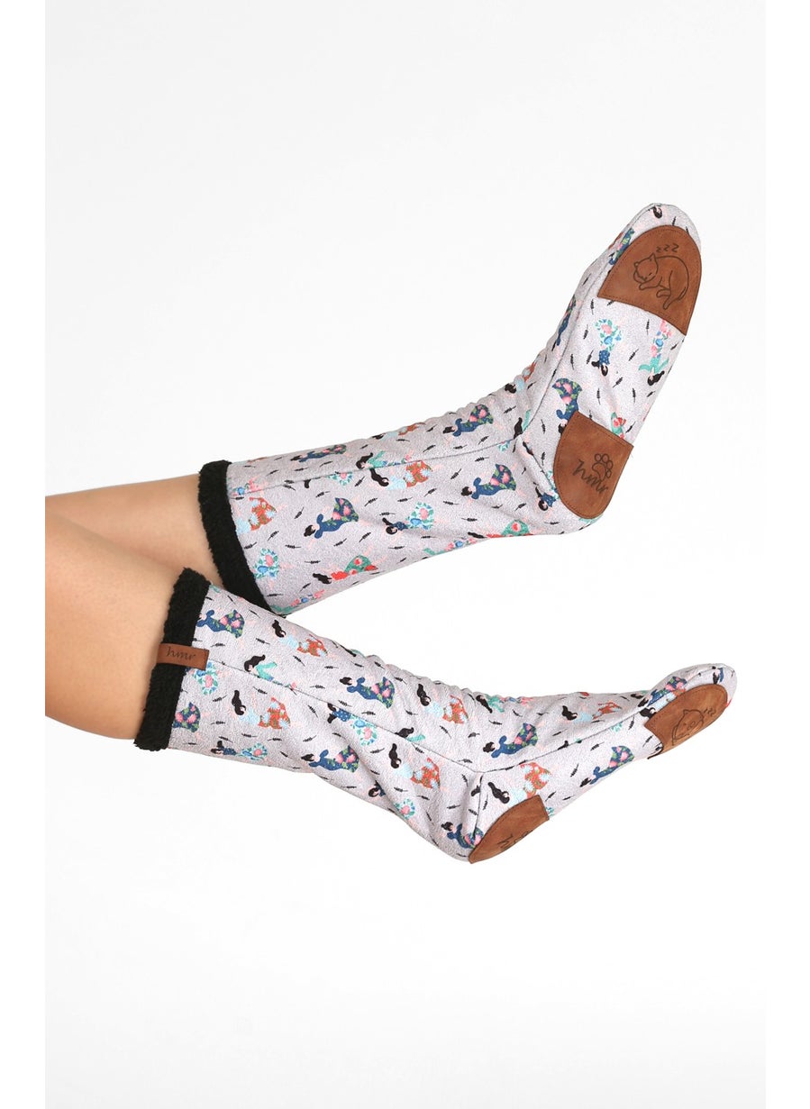 Hamur Dough Women's Colorful Patterned Winter Socks Anti-Slip Booties CRP-048 Happy Black Wellsoft  - Image 2