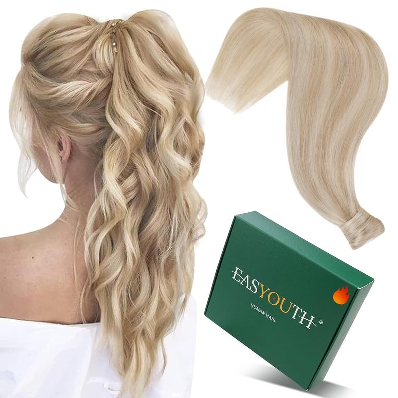 Easyouth Pony Tails Hair Extension Blonde Ponytail Extension Human Hair Golden Blonde Highlighted Blond Hair Extensions Invisible Wrap Around Ponytail Human Hair for Women Daily Work 12 Inch 70g - Image 1