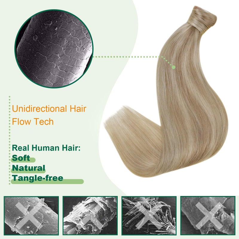 Easyouth Pony Tails Hair Extension Blonde Ponytail Extension Human Hair Golden Blonde Highlighted Blond Hair Extensions Invisible Wrap Around Ponytail Human Hair for Women Daily Work 12 Inch 70g - Image 3