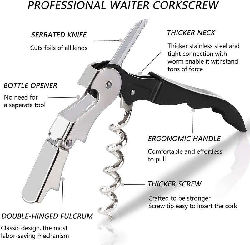 eS³kube Professional Wine Bottle Opener, Stainless Steel and Black, Waiter's Corkscrew with Foil Cutter, Double-Hinged Design - Image 5