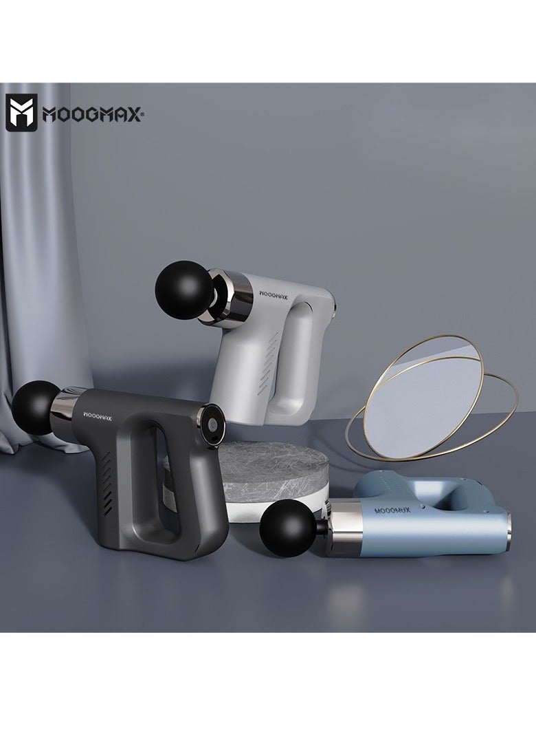 Muscle massage gun device with five speeds and four multi-heads with a strong and safe battery. Helps relax muscles. silver