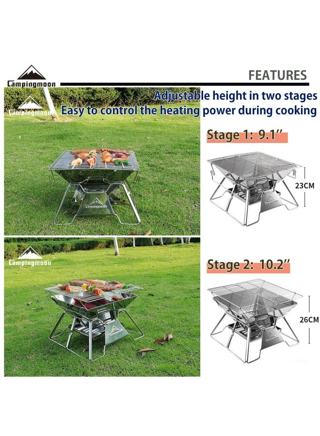 camping moon شوايات تخييم قابلة للطي من الفولاذ المقاوم للصدأ من Campingmoon شواية فحم محمولة تعمل بالحطب مقاس 14 بوصة مع حقيبة حمل Mt 2 - Image 5