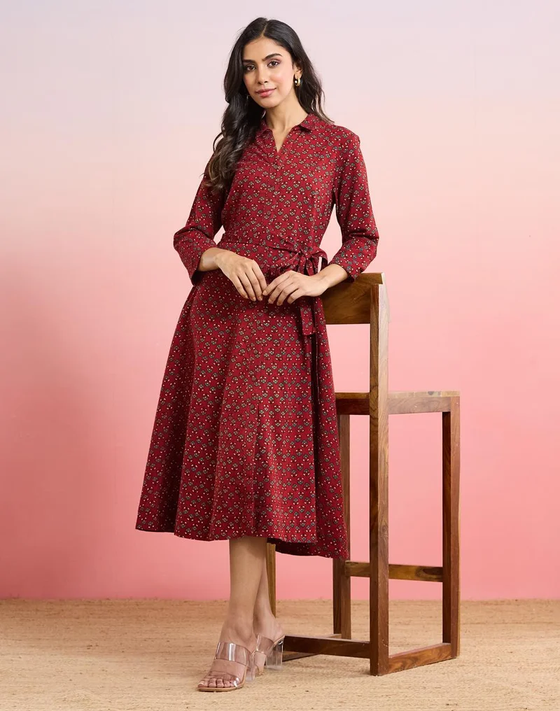Fabindia Red Cotton Printed Ajrakh Maxi