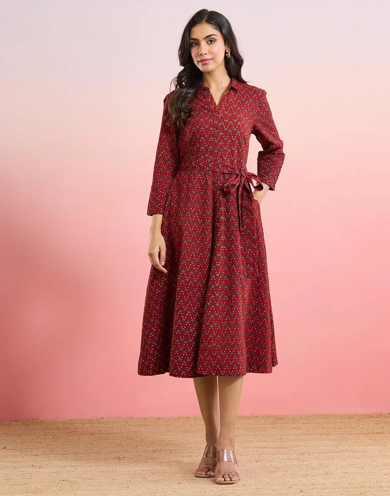 Fabindia Red Cotton Printed Ajrakh Maxi