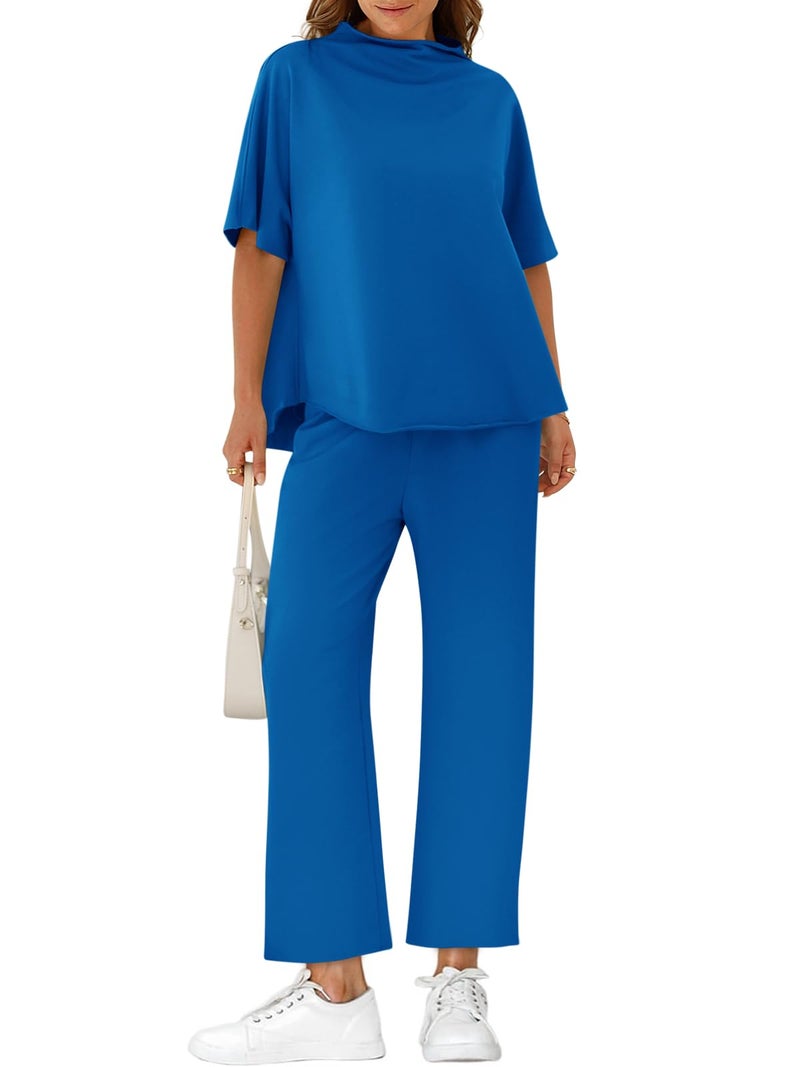 Yousify Women's Two Piece Sets 3/4 Batwing Sleeve Capelet Crew Neck Pullover Top Wide Leg Pants 2 Piece Lounge Set Travel Outfits - Image 1