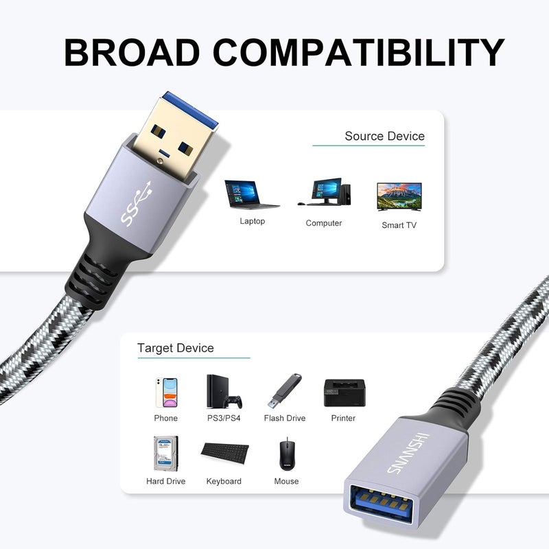 سنانشي كابل تمديد USB بطول 10 أقدام - كابل تمديد USB 3.0 [غلاف ألومنيوم، مضفر من الن��يلون] كابل تمديد USB ثقيل الوزن، ذكر إلى أنثى مع موصلات مطلية بالذهب - Image 4