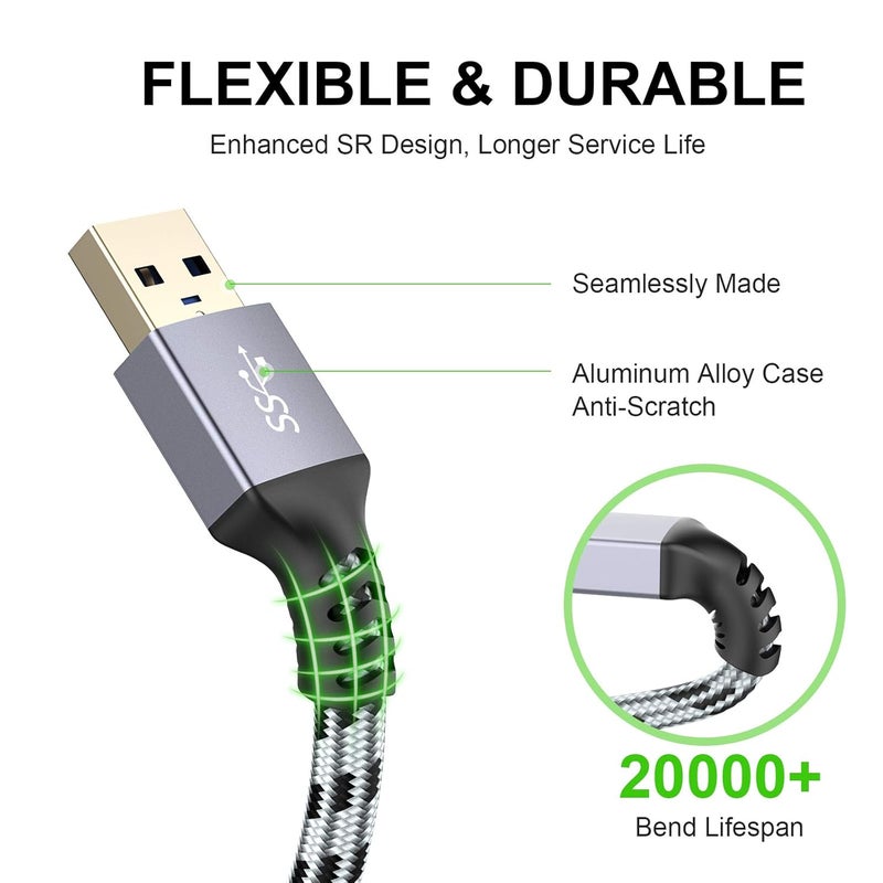 سنانشي كابل تمديد USB بطول 10 أقدام - كابل تمديد USB 3.0 [غلاف ألومنيوم، مضفر من الن��يلون] كابل تمديد USB ثقيل الوزن، ذكر إلى أنثى مع موصلات مطلية بالذهب - Image 3
