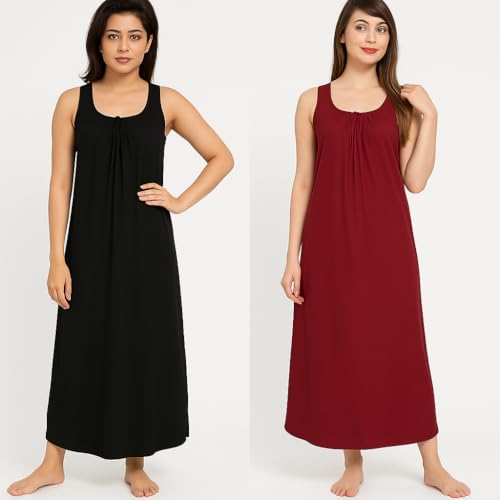 Garmend Women's Hosiery Cotton Full Length Camisole Long Inner Wear Slip-Kurti Petticoat Nighty Pack of 2 Pc (in, Alpha, XL, Regular, Black Meroon) - Image 3