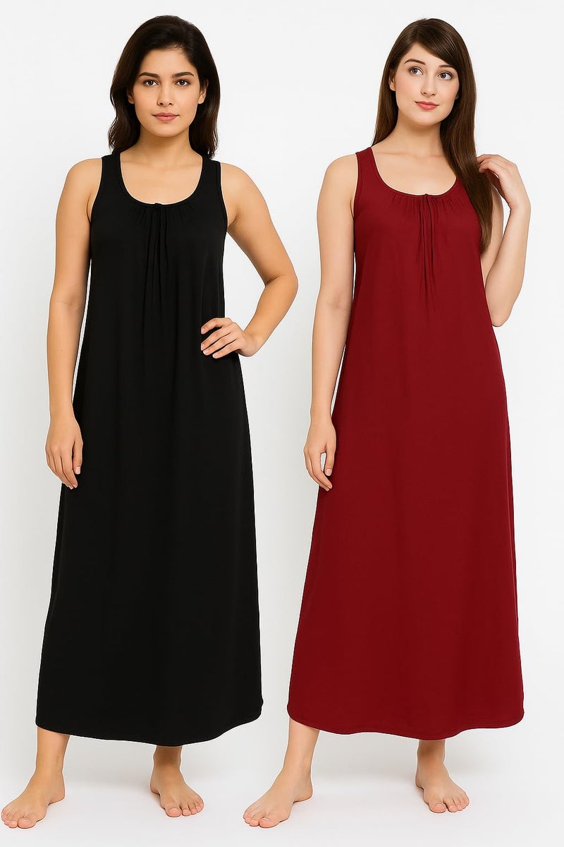 Garmend Women's Hosiery Cotton Full Length Camisole Long Inner Wear Slip-Kurti Petticoat Nighty Pack of 2 Pc (in, Alpha, XL, Regular, Black Meroon) - Image 2