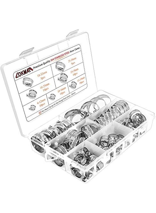 Arabest 60-Piece Stainless Steel Hose Clamp Kit, Adjustable 1/4''-1-1/2'' Worm Gear Metal Fuel Line Clamps for Plumbing, Automotive, and Mechanical Use  - Image 1