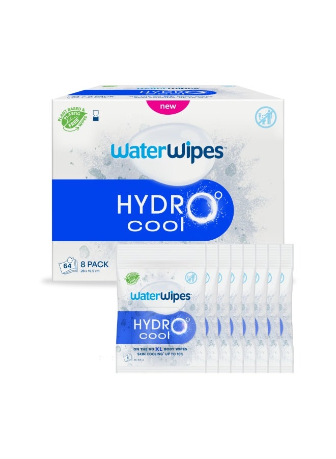 WaterWipes HydroCool Cooling Wipes, XL Body Cleaning Wipe, Stay Fresh & Cool On-the-Go Instant Skin Cooling, Odor & Sweat Removal, Ideal for Gym, Travel & Outdoor Use, 64 Count (8 pack) - Image 1