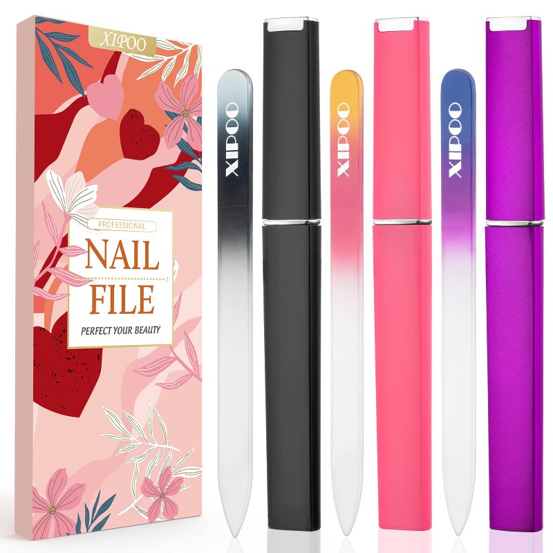 XIPOO Premium Crystal Glass Nail File 3 Pack with Case Professional Salon Manicure Tool for Natural Nails Gift for Women and Girls