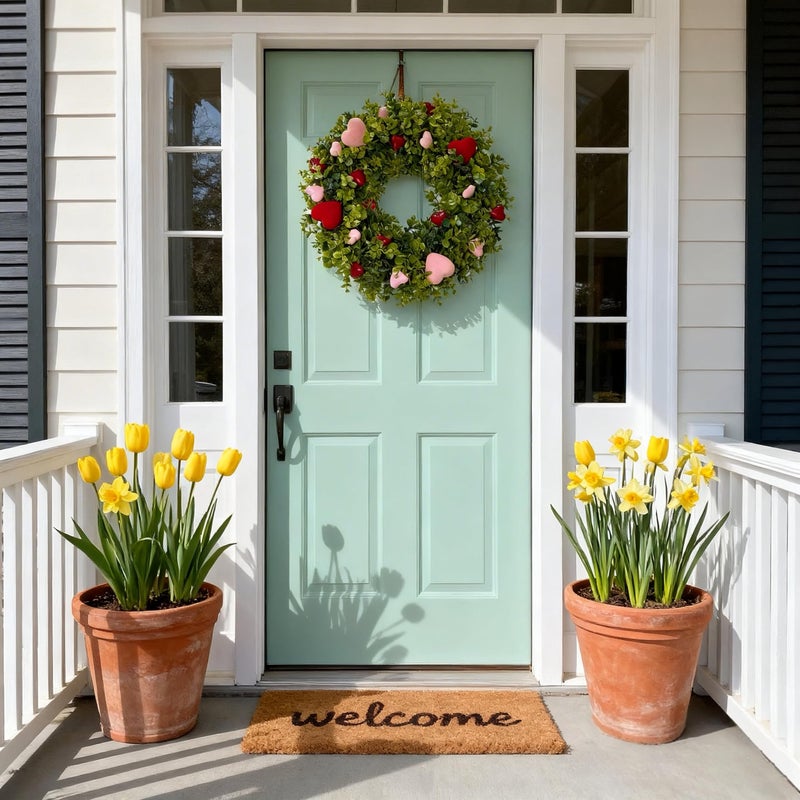 HipTree 18 Inch Spring Mothers Day Heart Wreath for Front Door,Artificial Boxwood Wreath with Flocked Pink & Red Hearts- Romantic for Valentines Day,Anniversary,Wedding,Indoor Outdoor and Wall Decor - Image 2