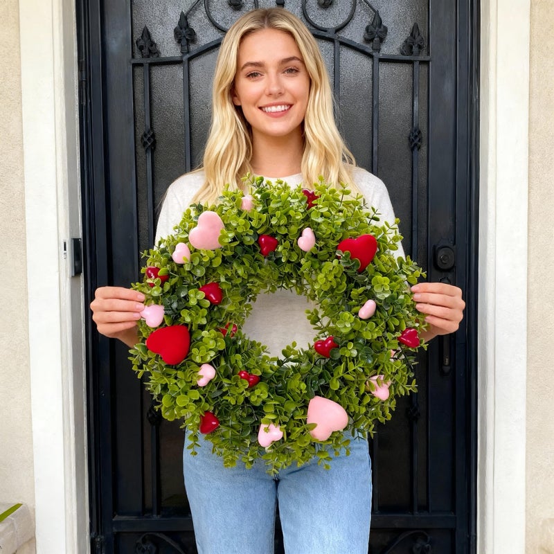 HipTree 18 Inch Spring Mothers Day Heart Wreath for Front Door,Artificial Boxwood Wreath with Flocked Pink & Red Hearts- Romantic for Valentines Day,Anniversary,Wedding,Indoor Outdoor and Wall Decor - Image 5