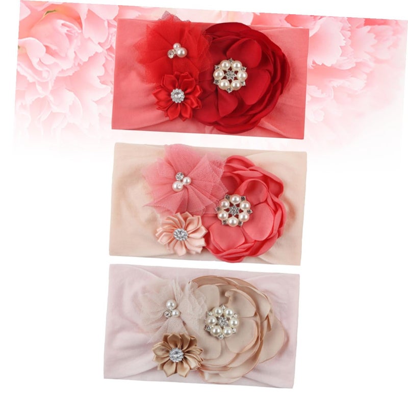3 Pcs Nylon Floral Headbands For Infants Soft Gauze Photo Props Pink Dusty Rose - Image 3