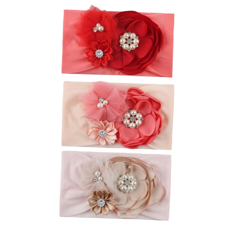 3 Pcs Nylon Floral Headbands For Infants Soft Gauze Photo Props Pink Dusty Rose - Image 2