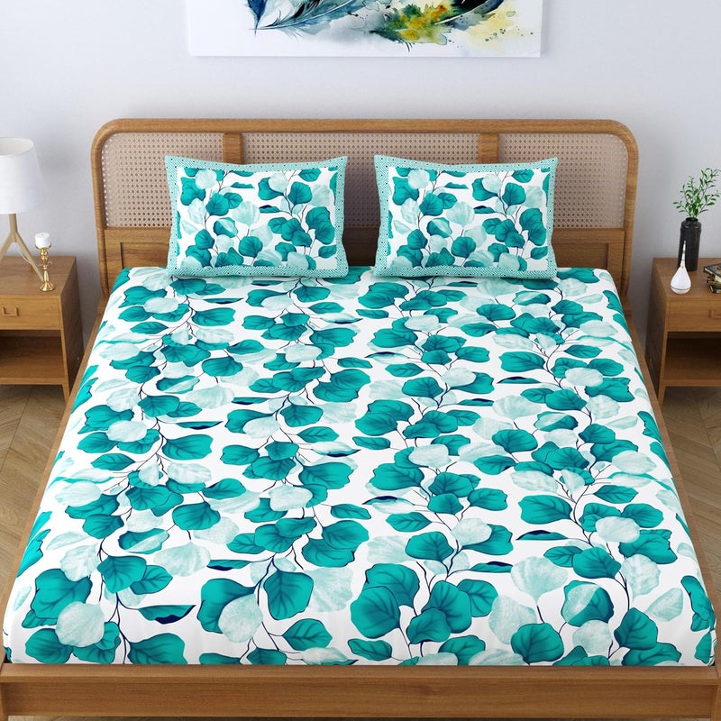 Colorish Cotton Blend Jaipur Printed Floral Double Bedsheet King Size with 2 Pillow Covers Turquoise - Image 2