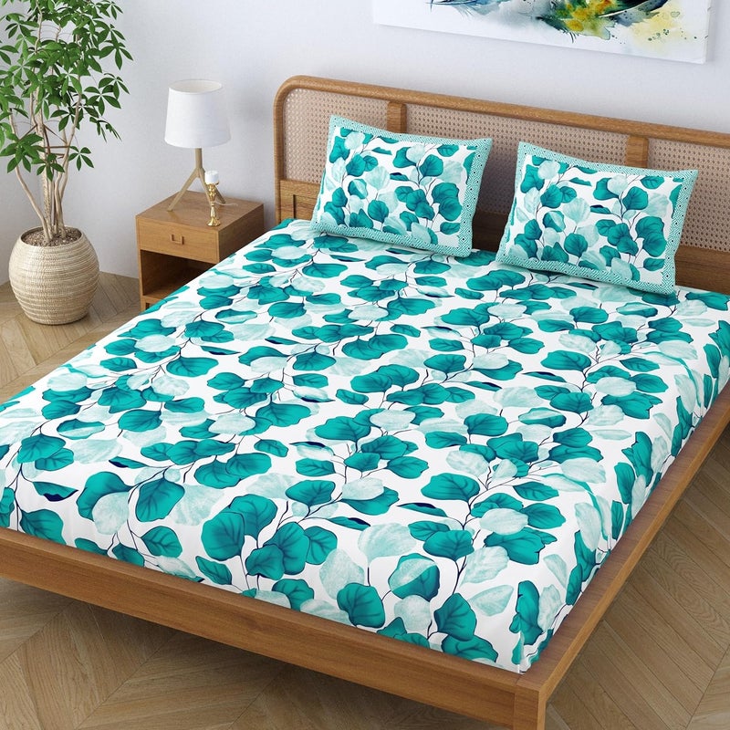 Colorish Cotton Blend Jaipur Printed Floral Double Bedsheet King Size with 2 Pillow Covers Turquoise - Image 3