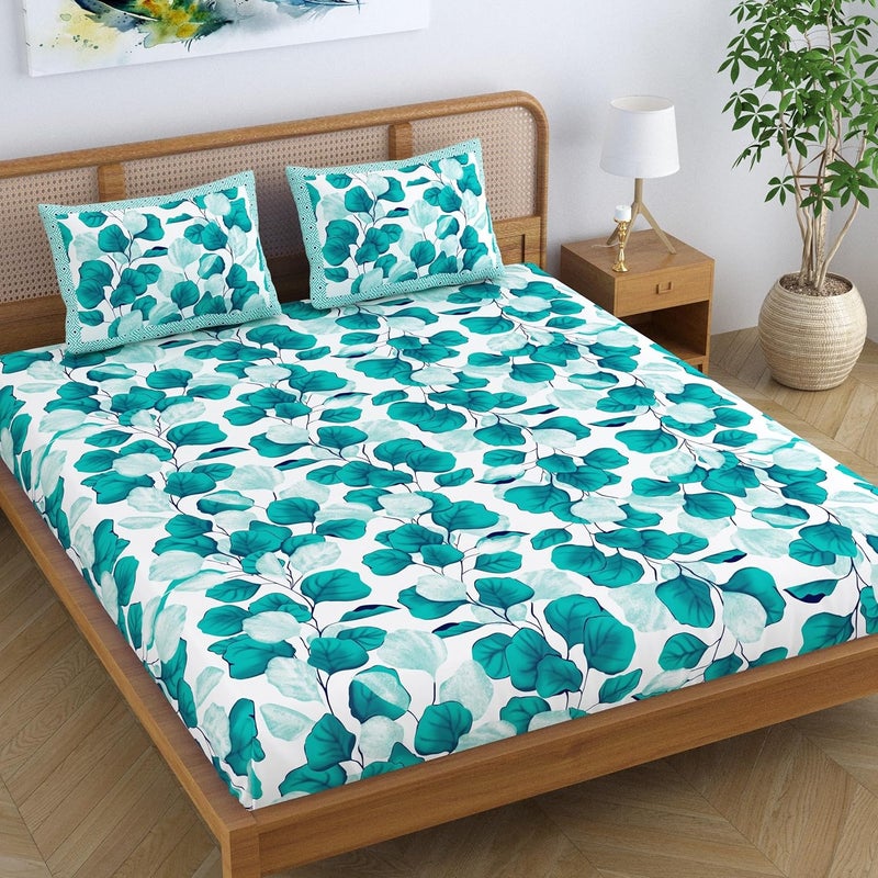 Colorish Cotton Blend Jaipur Printed Floral Double Bedsheet King Size with 2 Pillow Covers Turquoise - Image 1