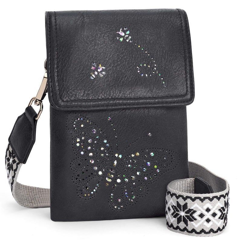 KITEVIUN Leather Small Crossbody Bags for Women Trendy Cell Phone Bag Wallet Purses Butterfly Design (Black) - Image 1