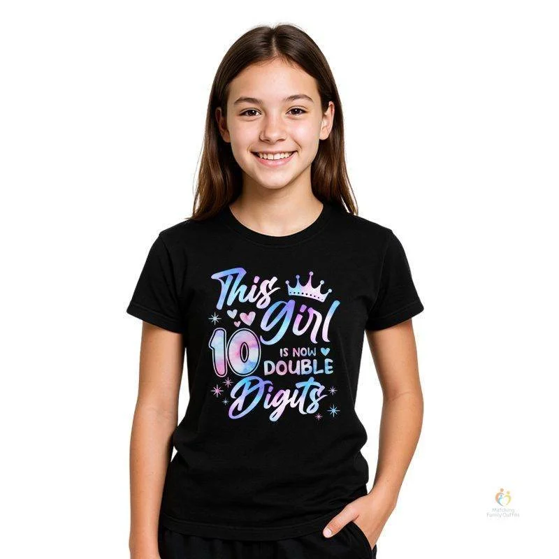 ماتشينج فاميلي اوتفيتس Girls 10th Birthday T Shirt | This Girl Is Now Double Digits Graphic Printed Tee | Cute Birthday Outfit for 10 Year Old Girls | Soft Cotton Blend Casual Round Neck Half Sleeve Black T Shirt