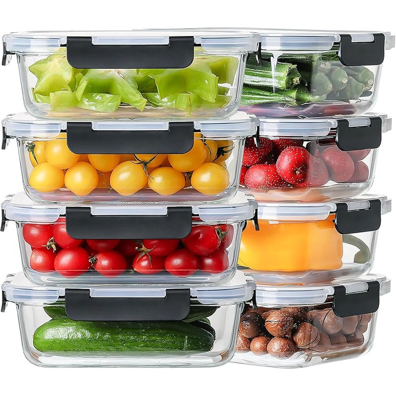 HOMBERKING 16pc Glass Meal Prep Containers with Lids, Glass Food Storage Containers with Leak Proof Snap Lock Lids, Airtight Bento Lunch Boxes, Kitchen Storage (8 lids & 8 Containers) - Black - Image 1