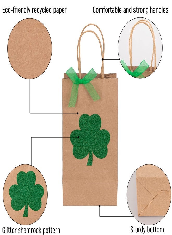 وولاين مجموعة من 24 كيس ورقي كرافت من والين، مزينة بمقبض، مزينة ببريق نبات البرسيم، مع شريط، مثالية لتغليف هدايا الحفلات والوجبات الخفيفة والبسكويت (تصميمان). - Image 3