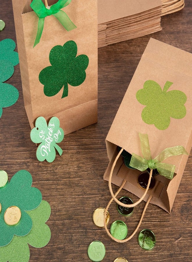 وولاين مجموعة من 24 كيس ورقي كرافت من والين، مزينة بمقبض، مزينة ببريق نبات البرسيم، مع شريط، مثالية لتغليف هدايا الحفلات والوجبات الخفيفة والبسكويت (تصميمان). - Image 4