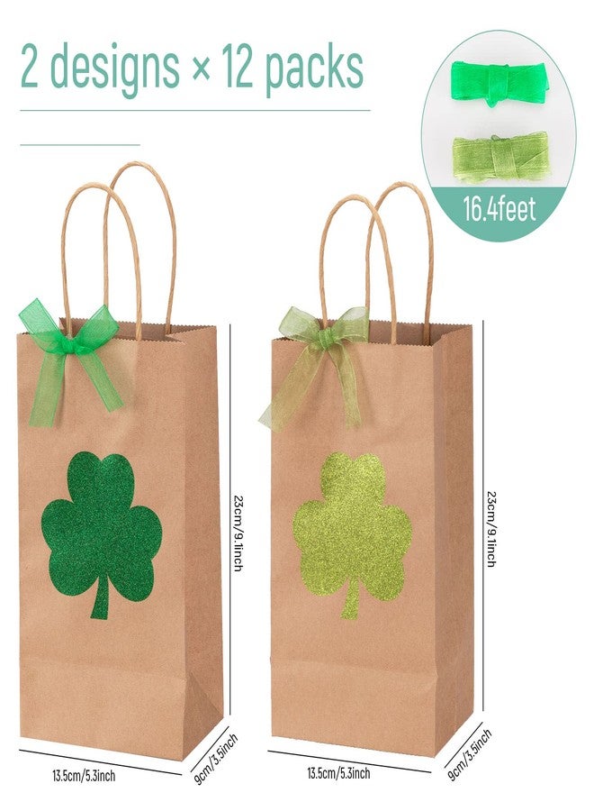 وولاين مجموعة من 24 كيس ورقي كرافت من والين، مزينة بمقبض، مزينة ببريق نبات البرسيم، مع شريط، مثالية لتغليف هدايا الحفلات والوجبات الخفيفة والبسكويت (تصميمان). - Image 2