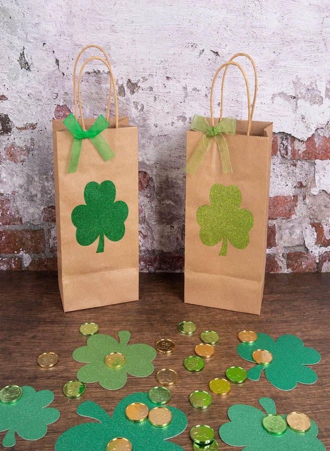 وولاين مجموعة من 24 كيس ورقي كرافت من والين، مزينة بمقبض، مزينة ببريق نبات البرسيم، مع شريط، مثالية لتغليف هدايا الحفلات والوجبات الخفيفة والبسكويت (تصميمان). - Image 5