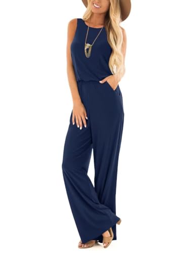 Lacozy Jumpsuits for Women Casual Summer Rompers Sleeveless Loose Crew Neck Tank Overalls Jumpers with Pockets 2025 Navy Blue M - Image 2