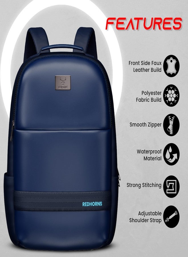 REDHORNS Faux Leather 15.6-Inch Laptop Backpack for Men and Women with Rain Cover, Anti-Theft Travel Water Resistant Laptop Bag for Office, College, School (Blue) - Image 2