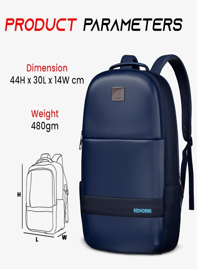 REDHORNS Faux Leather 15.6-Inch Laptop Backpack for Men and Women with Rain Cover, Anti-Theft Travel Water Resistant Laptop Bag for Office, College, School (Blue) - Image 3
