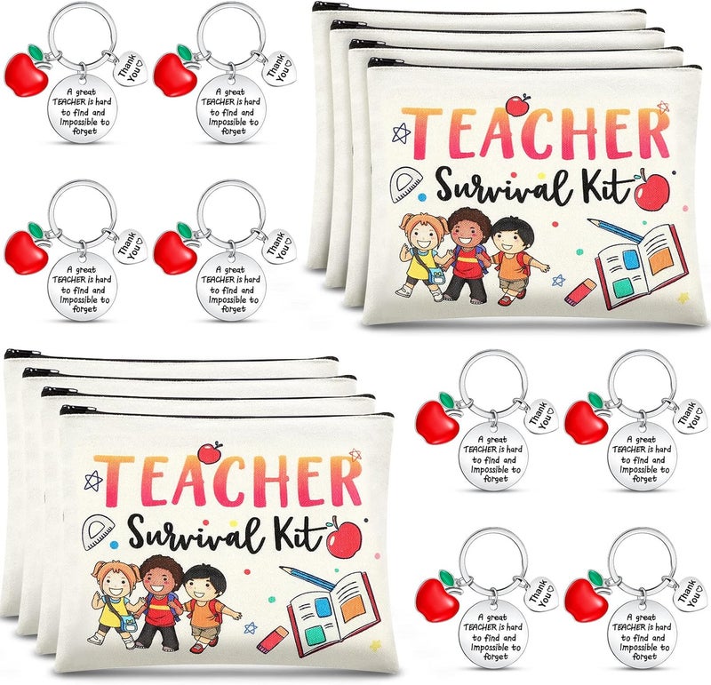 MTLEE 16 Pcs Teachers Appreciation Gift Set 8 Teacher Kit Makeup Cosmetic Bags and 8 Teacher Keychains Thank You Appreciation Gift for Valentine Graduation(Fresh Style)