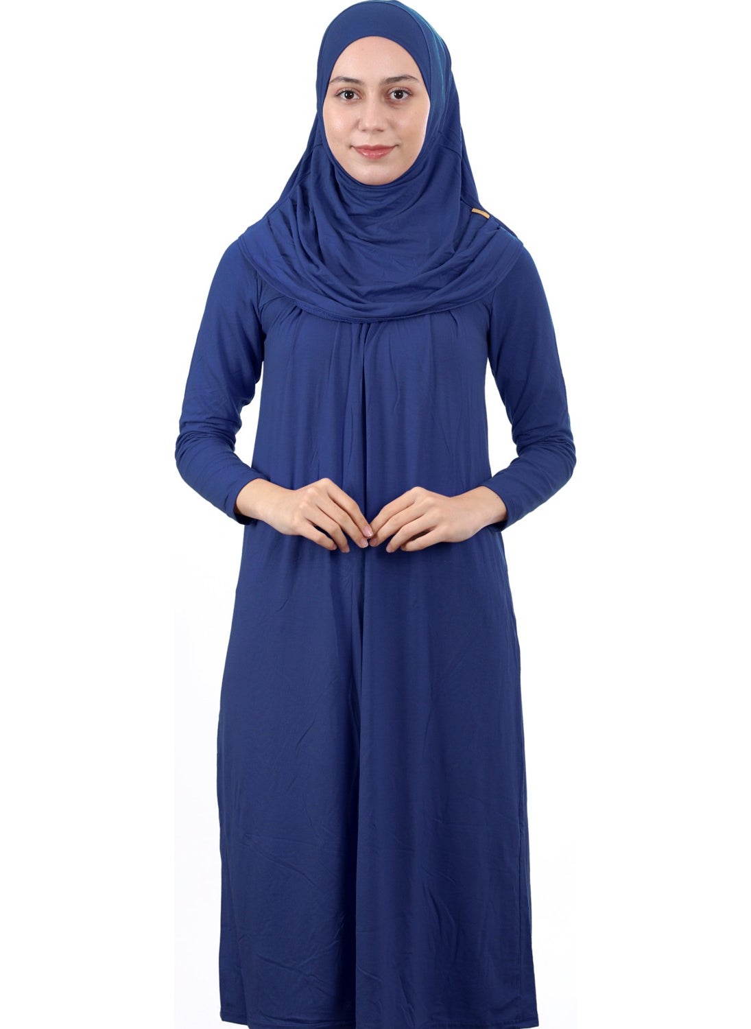 İhvan Online Waiter Size 12-15 Years Dark Blue One Piece Women's Prayer Dress with Headscarf  - Image 1