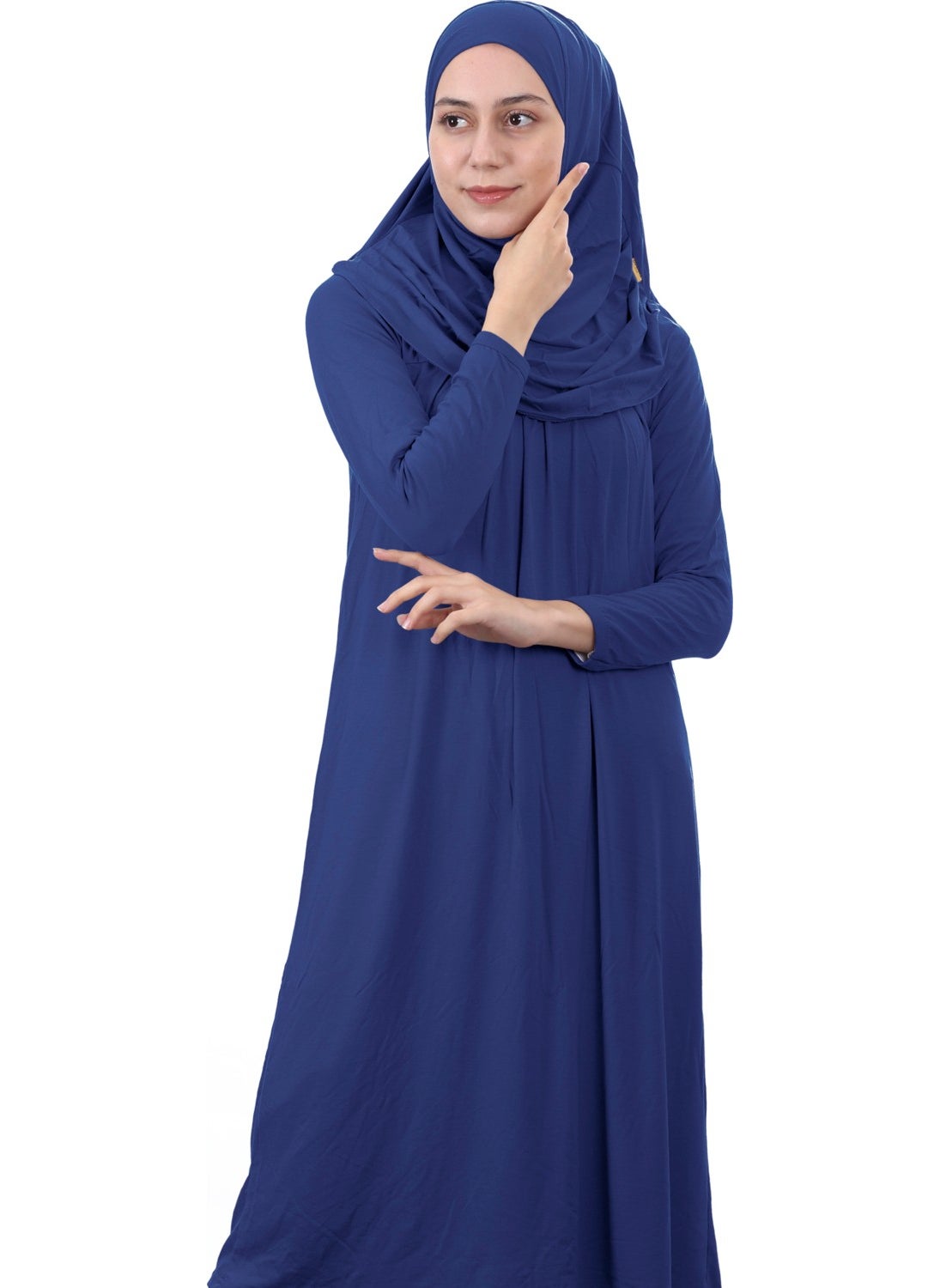 İhvan Online Waiter Size 12-15 Years Dark Blue One Piece Women's Prayer Dress with Headscarf  - Image 3