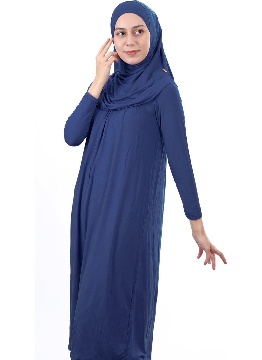 İhvan Online Waiter Size 12-15 Years Dark Blue One Piece Women's Prayer Dress with Headscarf  - Image 2