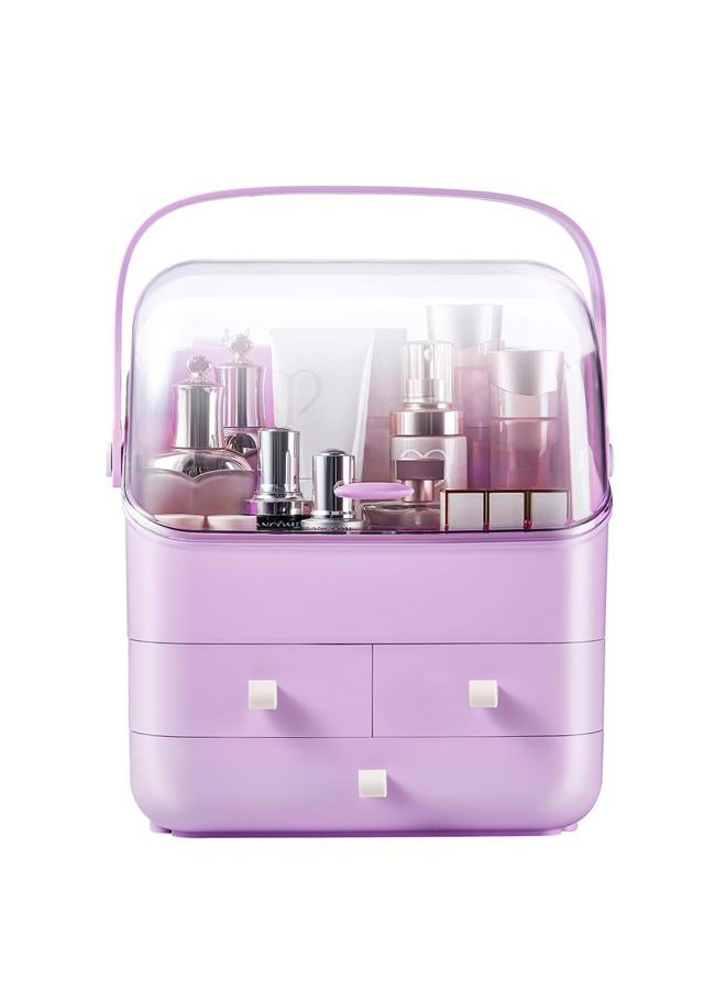 SUNFICON Preppy Skincare Organizers Makeup Organizer Holder Beauty Cosmetic Storage Box Large Display Case Dust Free Cover Portable Handle 2 Rroomy Drawers Gift Great For Bathroom Countertop Purple - Image 2