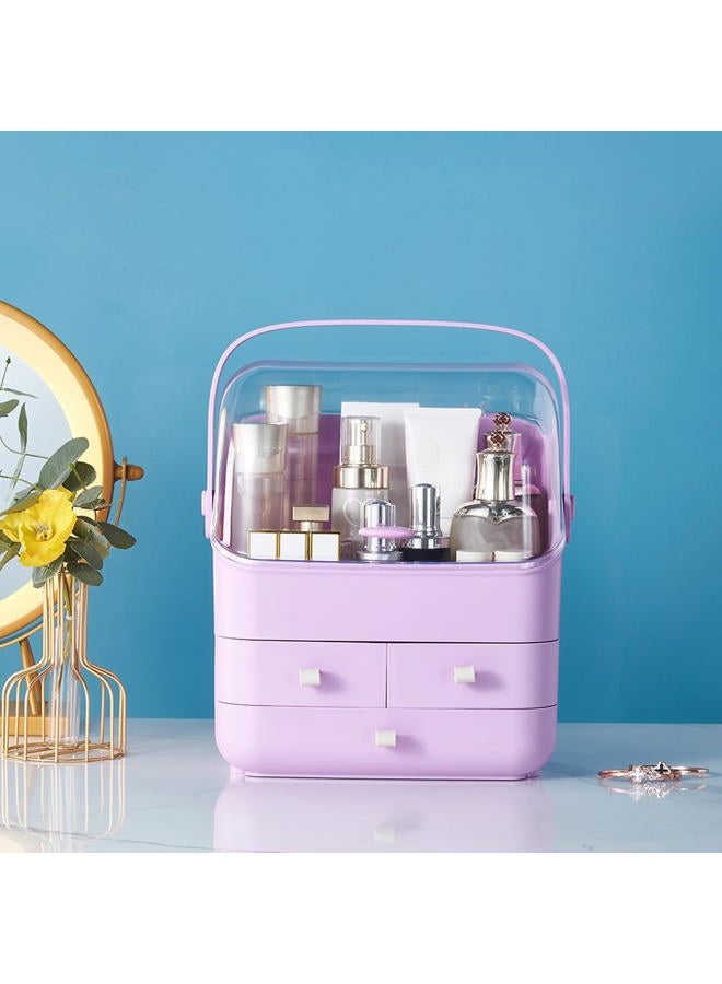 SUNFICON Preppy Skincare Organizers Makeup Organizer Holder Beauty Cosmetic Storage Box Large Display Case Dust Free Cover Portable Handle 2 Rroomy Drawers Gift Great For Bathroom Countertop Purple - Image 4