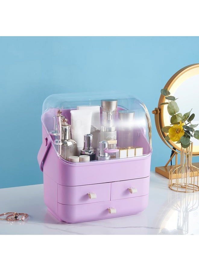 SUNFICON Preppy Skincare Organizers Makeup Organizer Holder Beauty Cosmetic Storage Box Large Display Case Dust Free Cover Portable Handle 2 Rroomy Drawers Gift Great For Bathroom Countertop Purple - Image 5