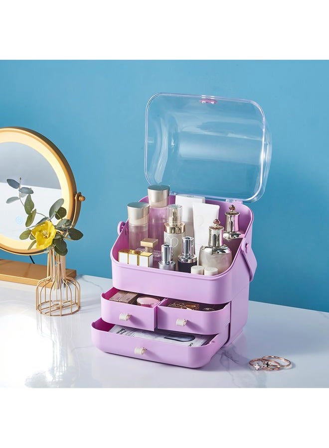 SUNFICON Preppy Skincare Organizers Makeup Organizer Holder Beauty Cosmetic Storage Box Large Display Case Dust Free Cover Portable Handle 2 Rroomy Drawers Gift Great For Bathroom Countertop Purple - Image 3