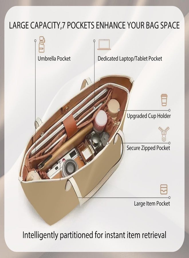 Doxo Coach City Tote Bag Organizer Insert,Lightweight Dupont Paper tote bag organizer insert with laptop Compartment & Elastic Cup Holder,Fit Coach City 33(White Beige) - Image 2