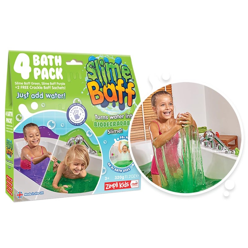 Zimpli Kids Slime Baff Purple & Green , 4 Bath Value Pack, Magically turns water into gooey, colourful slime, 2 x Free Crackle Baff, Children's Sensory & Bath Toy Gift, Certified Biodegradable - Image 1