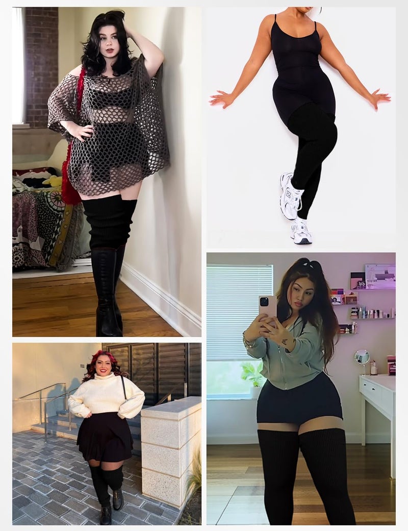 v28 Plus Size Knit Leg Warmer Women Thick Thigh High Boot Extra Long Large Socks(Plus Size- Black) - Image 5