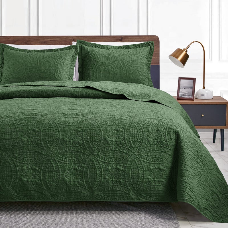 Love's cabin King Size Quilt Set Olive Green Bedspreads - Soft Bed Summer Lightweight Microfiber Bedspread- Modern Style Coin Pattern Coverlet for All Season - 3 Piece (1 Quilt, 2 Pillow Shams) - Image 1